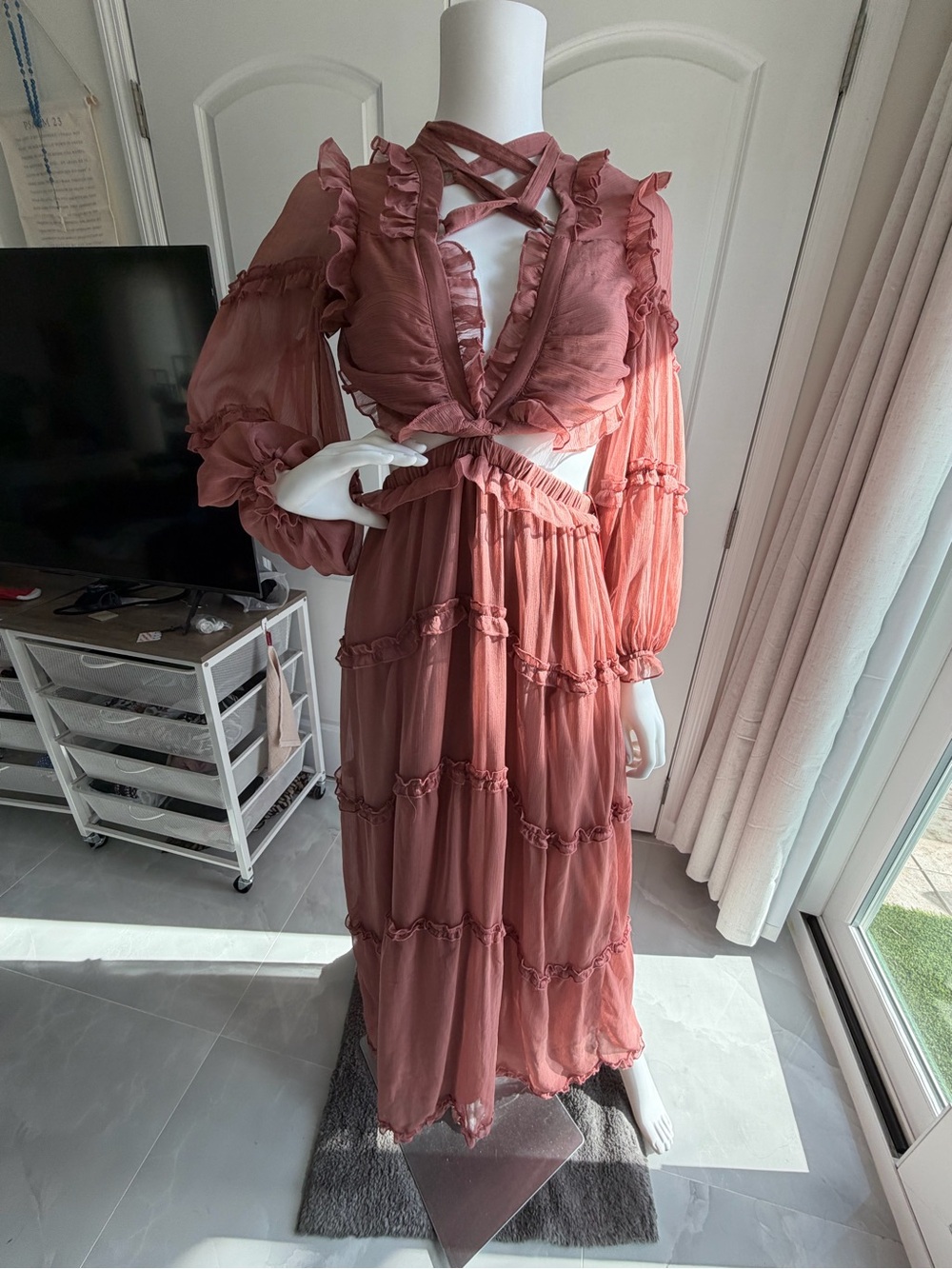 Sheer Ruffle Maxi Dress in Dusty Rose
